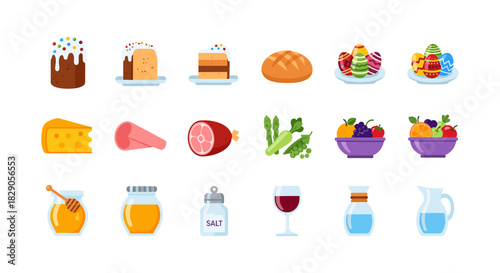 Colorful food and drink icons set: cakes, cheese, ham, easter eggs, and more