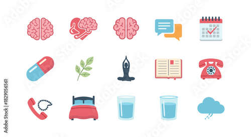 Wellness and mental health icon set featuring flat design elements