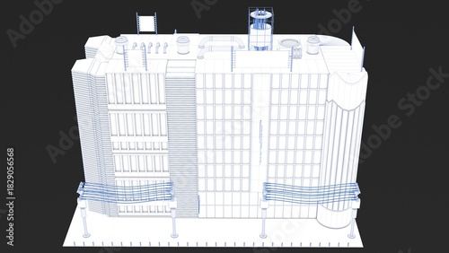 3D rendering of a stylized uniquely designed building with white color and blue lines represented in a blueprint format