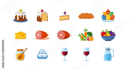 Easter food and drink icons: cake, cheese, ham, wine, and more in flat design