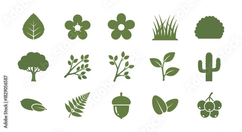 Green nature icons: trees, flowers, and leaves in simple silhouette design