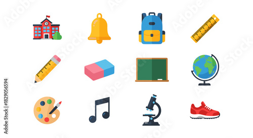 Colorful flat school icons: backpack, globe, microscope, school building, and more