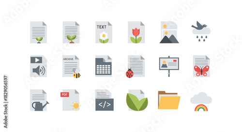 Flat style document and nature icon set with pdf, audio, image, and weather symbols
