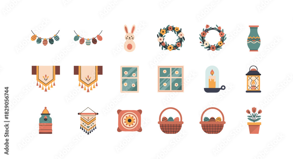 Fototapeta premium Charming springtime decor elements: floral wreaths, easter baskets, and cozy accents