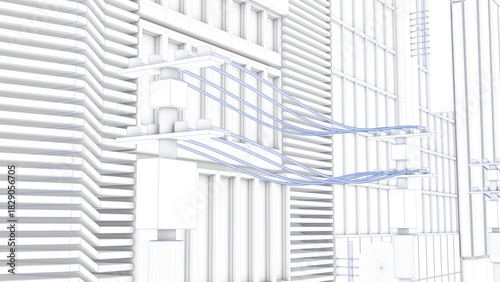 3D rendering of a stylized uniquely designed building with white color and blue lines represented in a blueprint format