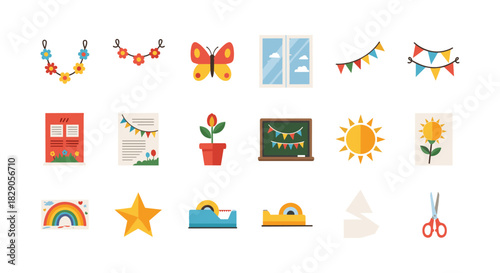Colorful flat school elements and decorations on white background