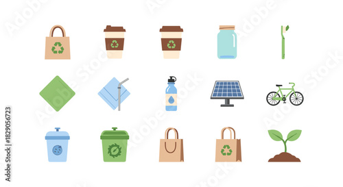 Eco-friendly icons set featuring reusable bags, solar panels, and sustainable products