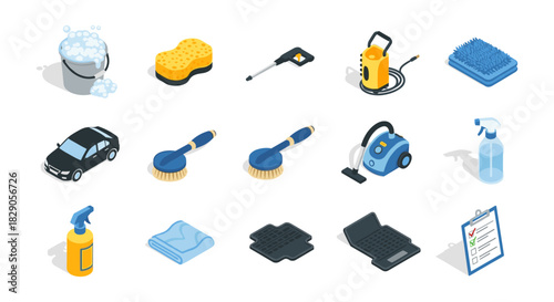 Isometric car cleaning icons: tools and equipment for vehicle detailing