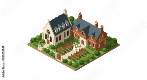 Isometric church wedding scene with chapel and garden in 3d style
