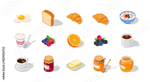 Isometric breakfast items: croissants, eggs, fruit, coffee, and more