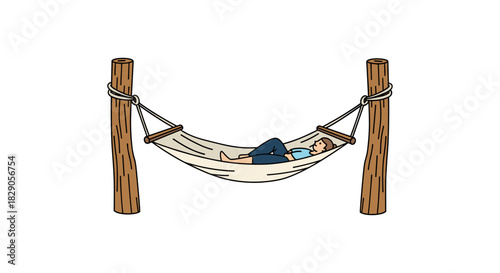 Relaxing person in a hammock between two wooden posts in a minimalist design