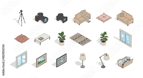 Isometric home decor and photography equipment collection for modern interior design