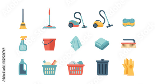 Colorful cleaning equipment set with mop, vacuum, and gloves