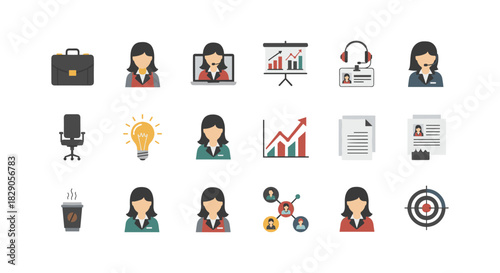 Business and office icons set featuring professional women in flat design