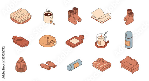 Cozy winter essentials: warmth and comfort in isometric style