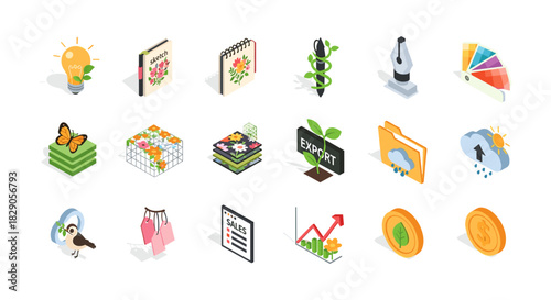 Isometric design elements: nature, business, and creativity icons collection
