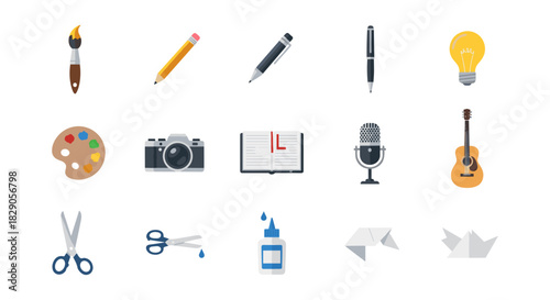 Creative tools and hobbies icons set featuring art, writing, music, and photography elements