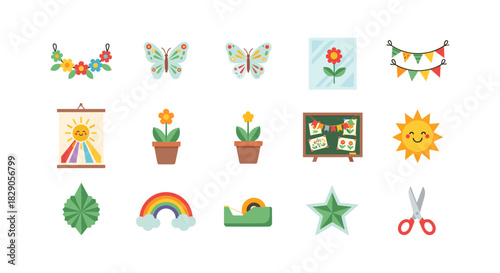 Bright and cheerful decorative elements set with nature and craft themes