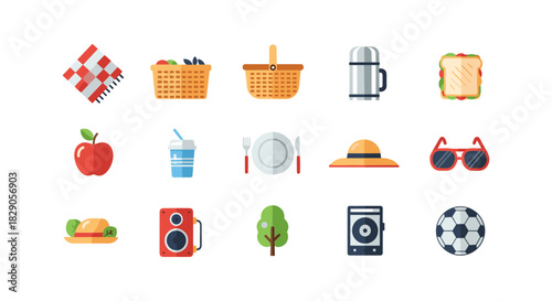 Colorful picnic and leisure symbols with food and outdoor items