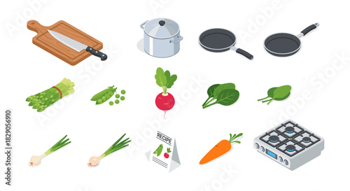 Isometric cooking elements: pots, pans, vegetables, and recipe on white