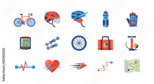Cycling essentials: modern flat icons collection for fitness and adventure enthusiasts