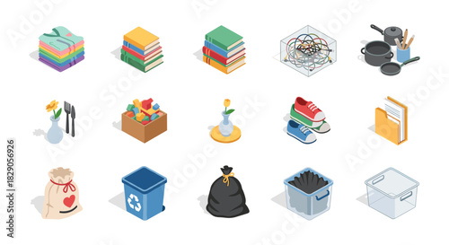 Isometric home essentials set: books, kitchenware, recycling, vases, shoes, and more