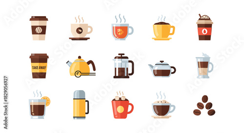 Flat icon set of coffee cups and coffee making accessories