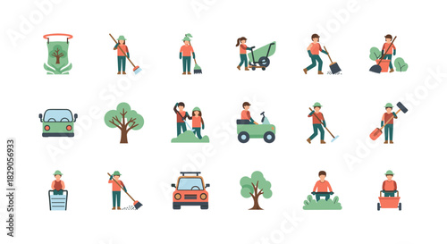 Colorful icons of people engaged in outdoor gardening activities