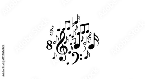 Dynamic music symbols arrangement on white background