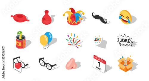 Isometric prank and humor elements for april fool's day celebration