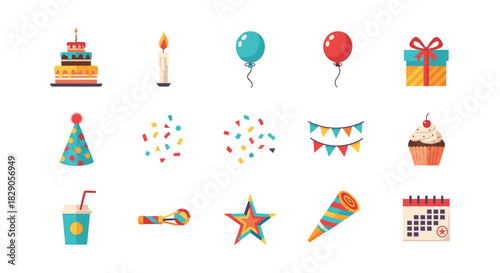 Festive celebration icons: birthday cake, balloons, gifts, and party decor