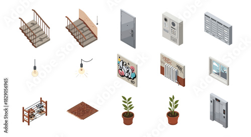 Isometric building elements: doors, stairs, lights, and wall art in urban style