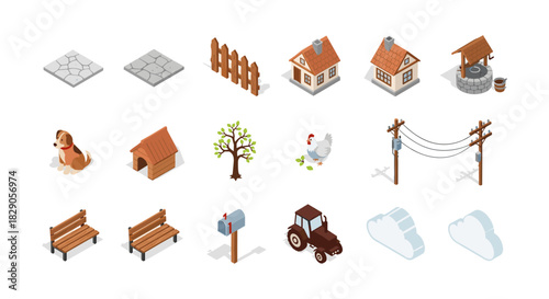 Isometric farm elements set including buildings, animals, and nature