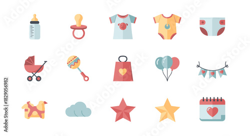 Cute baby essentials with toys, clothes, and accessories in flat style