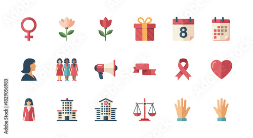 Women's empowerment icons set with feminine symbols and healthcare elements