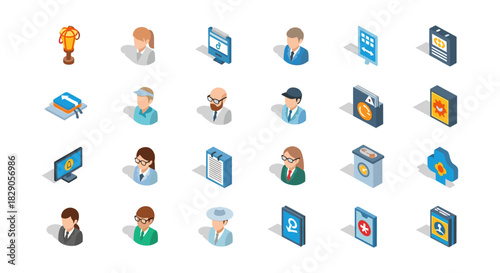 Isometric people and technology icons set with various professions and gadgets