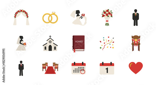 Elegant wedding icons set: bride, groom, rings, flowers, church, calendar