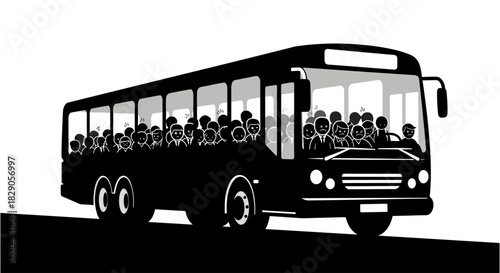 Monochrome city bus with diverse passengers on board