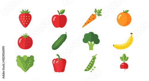 Colorful flat icons of fresh fruits and vegetables on white background