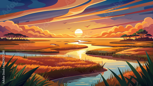Very beautiful glowing sunset light reflects over the Shem Creek salt marsh, highlighting grasses, tidal channels, and peaceful coastal scenery in a warm, inviting low-country landscape.