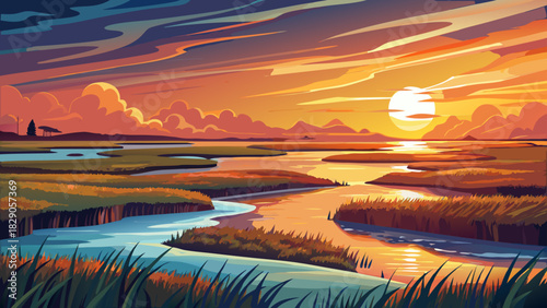 Very beautiful glowing sunset light reflects over the Shem Creek salt marsh, highlighting grasses, tidal channels, and peaceful coastal scenery in a warm, inviting low-country landscape.