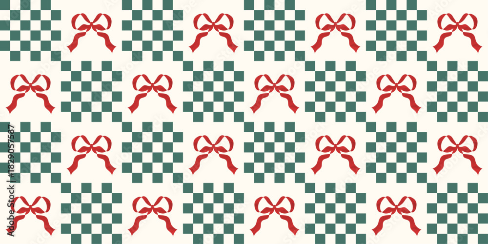 Fototapeta premium Vintage Christmas seamless pattern with plaid and red bow. Abstract festive background. Holiday wrap paper texture. Xmas and winter checker print decoration. Vector illustration