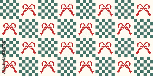 Vintage Christmas seamless pattern with plaid and red bow. Abstract festive background. Holiday wrap paper texture. Xmas and winter checker print decoration. Vector illustration