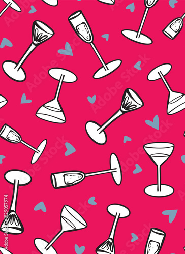 Hand drawn, long drinks with hearts seamless repeat pattern. Random placed, vector cocktails aop, all over surface print on pink background.