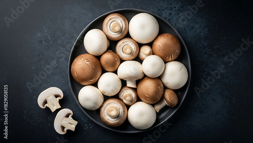 Assorted white and brown mushrooms arranged on a dark plate food ingredient