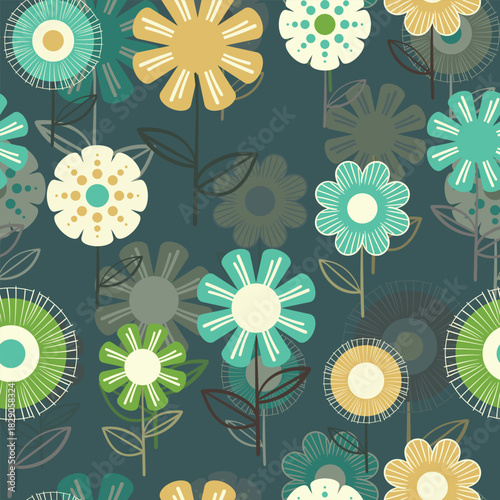 Seamless floral pattern based on traditional folk art ornaments. Colorful flowers on color background. Scandinavian style. Sweden nordic style. Vector illustration. Simple minimalistic pattern.