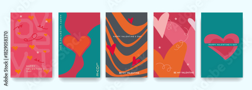 Set of Retro Valentine's Day Cards Design. Modern colorful typography vectors with minimalist pink, orange, red hearts. Art design suitable for presentations, greeting cards, invitations, calendars