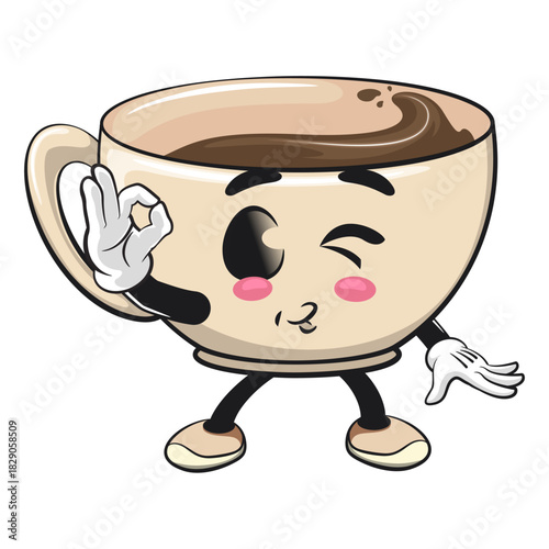 cute coffee cup mascot giving an okay sign, cartoon coffee mug vector illustration, work of hand drawn