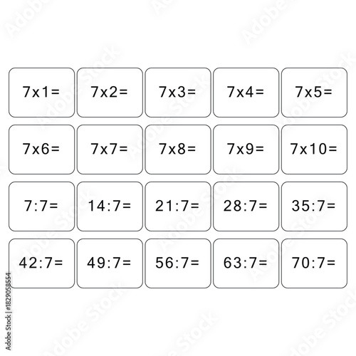 Multiplication and division table of 7. Maths card with an example, drawing. Multiplication Square, vector illustration. Printed products, banner, table for children, schoolchildren. School education.