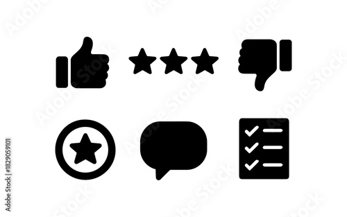 Simple rating icons for reviews and feedback: thumbs up, stars, checklist